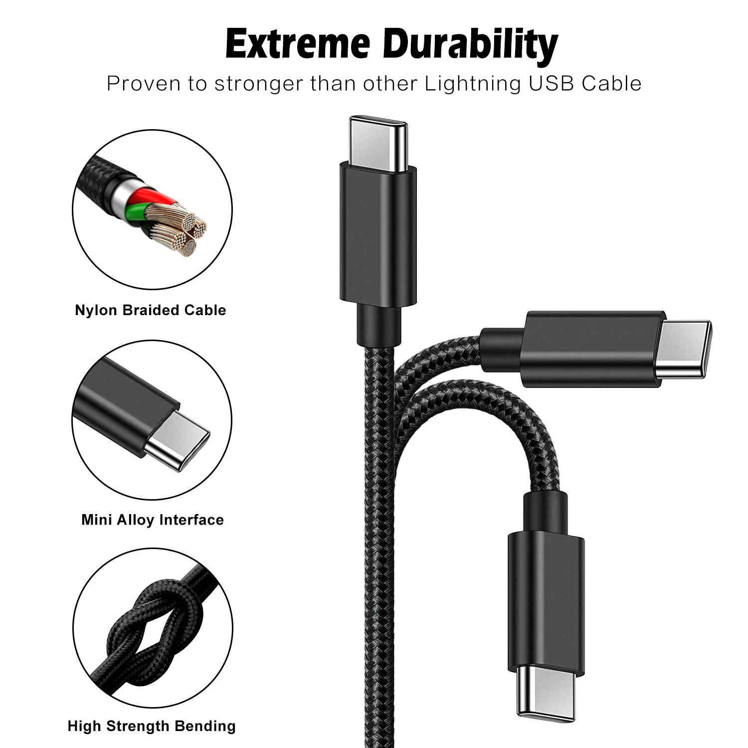 كبل شحن USB C بقوة 3 أمبير مع كبل USB-C للشاحن السريع بقدرة 60 واط لجهاز iPhone 15 Samsung Mobile Phone من النوع C Charging Cable Mobile ملحقات الهاتف