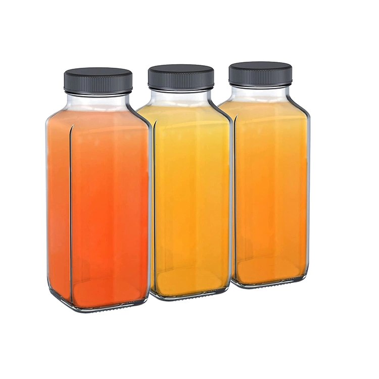 Kalt gepresster Saft 250ml 300ml 500ml 16oz Clear French Square Milchgetränkeglasflaschen mit Kunststoffverschluss