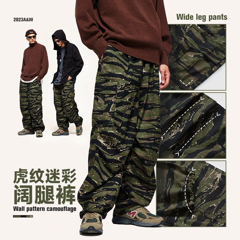 Classic Tiger Print Camouflage pantalones de pata ancha 2023 Otoño e Invierno Nueva moda Marca personalidad Loose pantalones casuales Hombre (CFQDKZ-004)