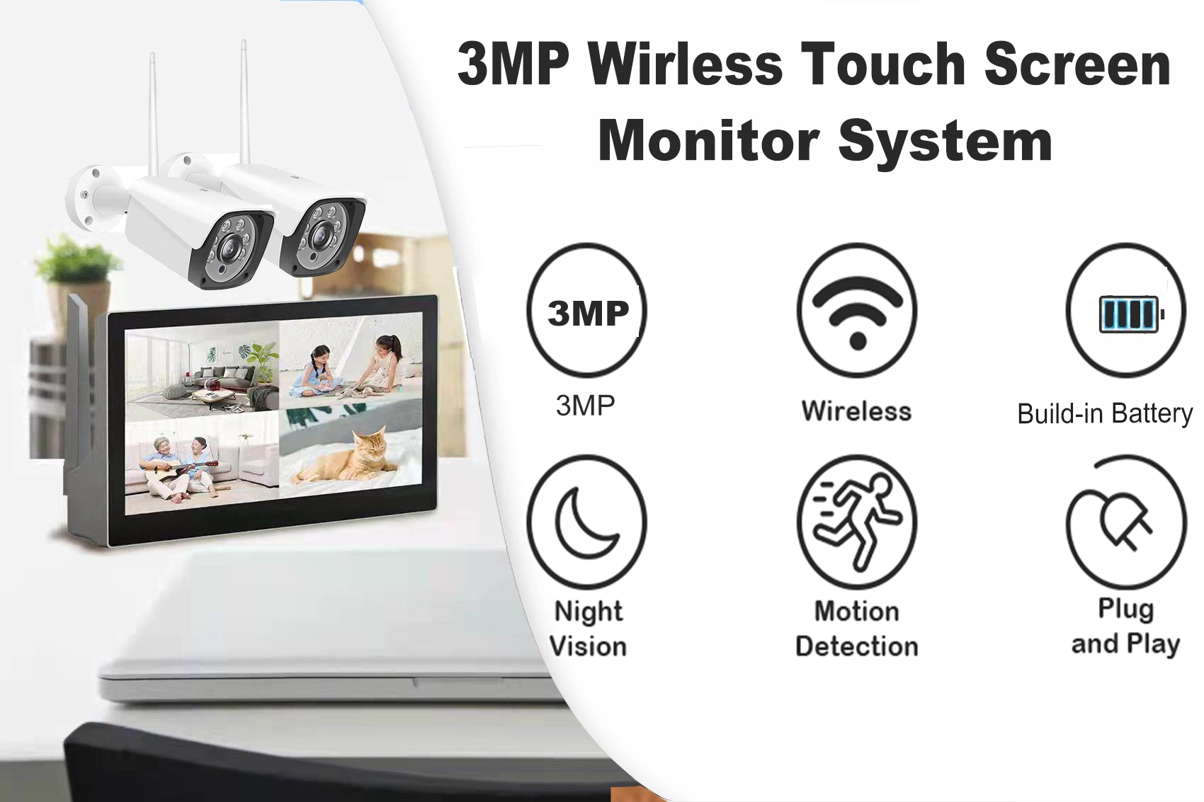 4CH WiFi NVR 10.1" Monitor Network Wireless H. 265 Security Camera System CCTV Kits