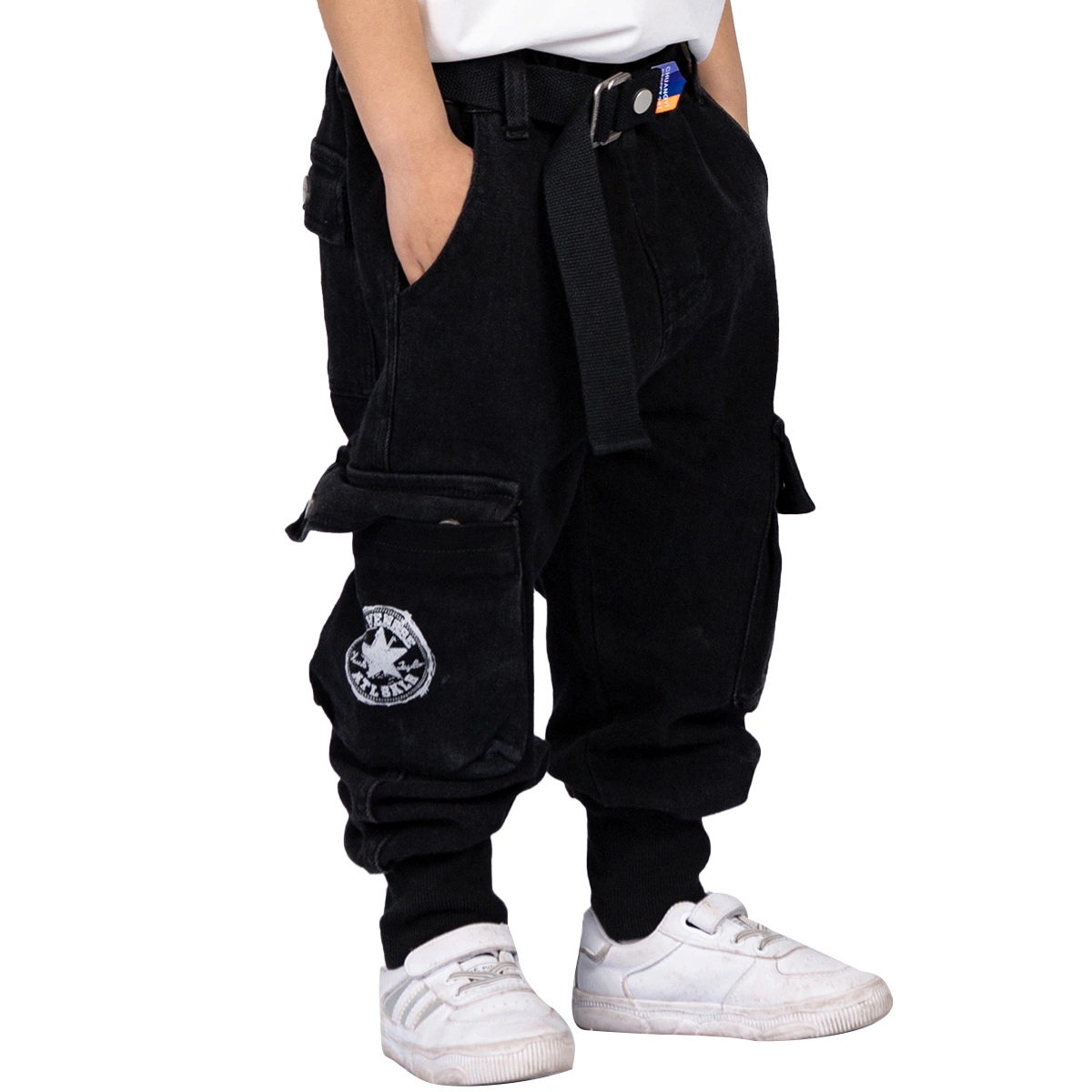 Custom Children Sports Pants Belt Black Pants Multi Pocket Jeans