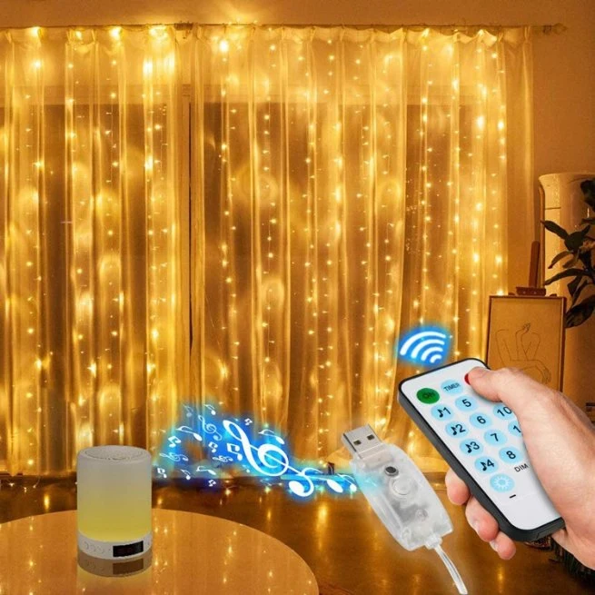 Cortina de luces LED activadas por sonido con música y ganchos, luces decorativas de fiesta de Navidad de alambre de cobre USB de 5V.