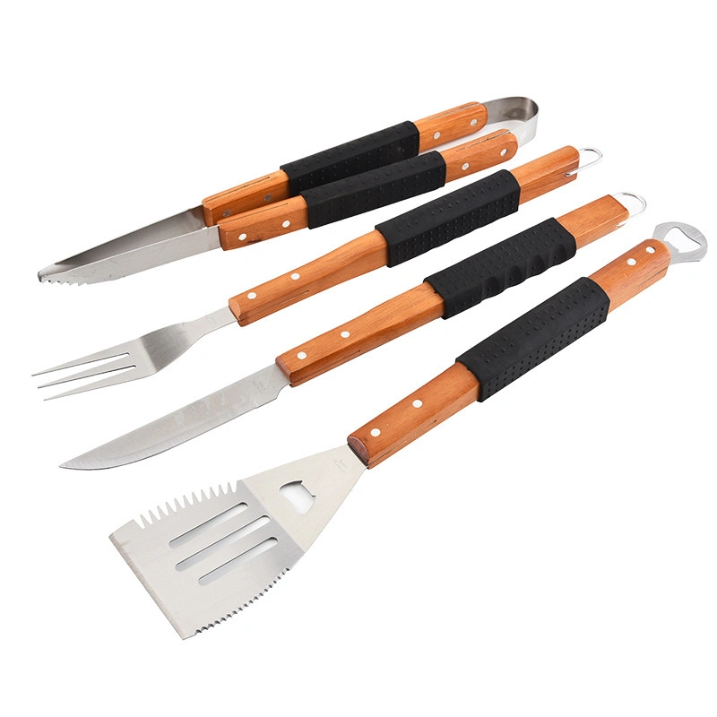 Outdoor Camping BBQ Kombinationswerkzeug Edelstahl Holzgriff Gabel Zangen Grillwerkzeug-Set