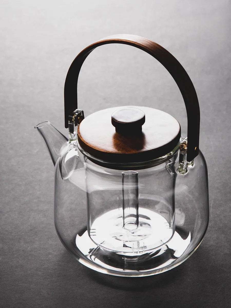 Handmade High Borosilicate Glass Tea Maker Pot with Glass Filter and Wooden Lid and Handle
