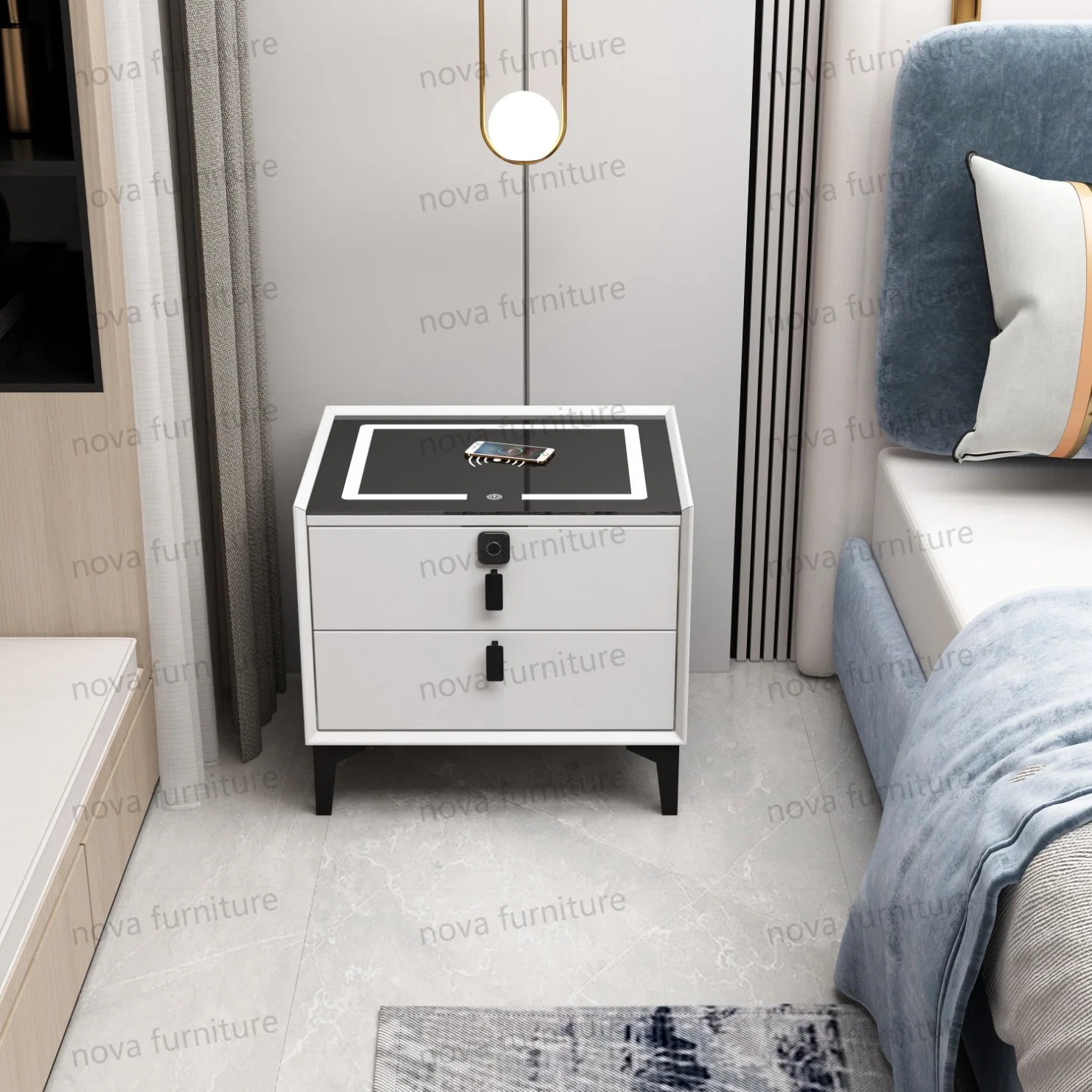 Último diseño de muebles de dormitorio para el hogar moderno. Gabinete de almacenamiento de mesita de noche de madera con LED y mesitas de noche inteligentes con carga inalámbrica.