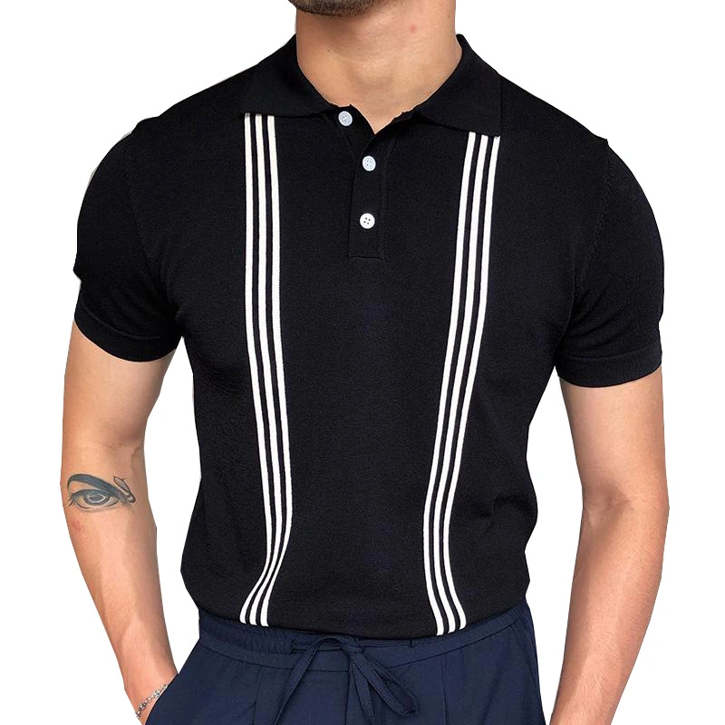 Men Polo Shirt Black Color Strip Short Sleeve Spring Short Sleeve Cardigan Polo