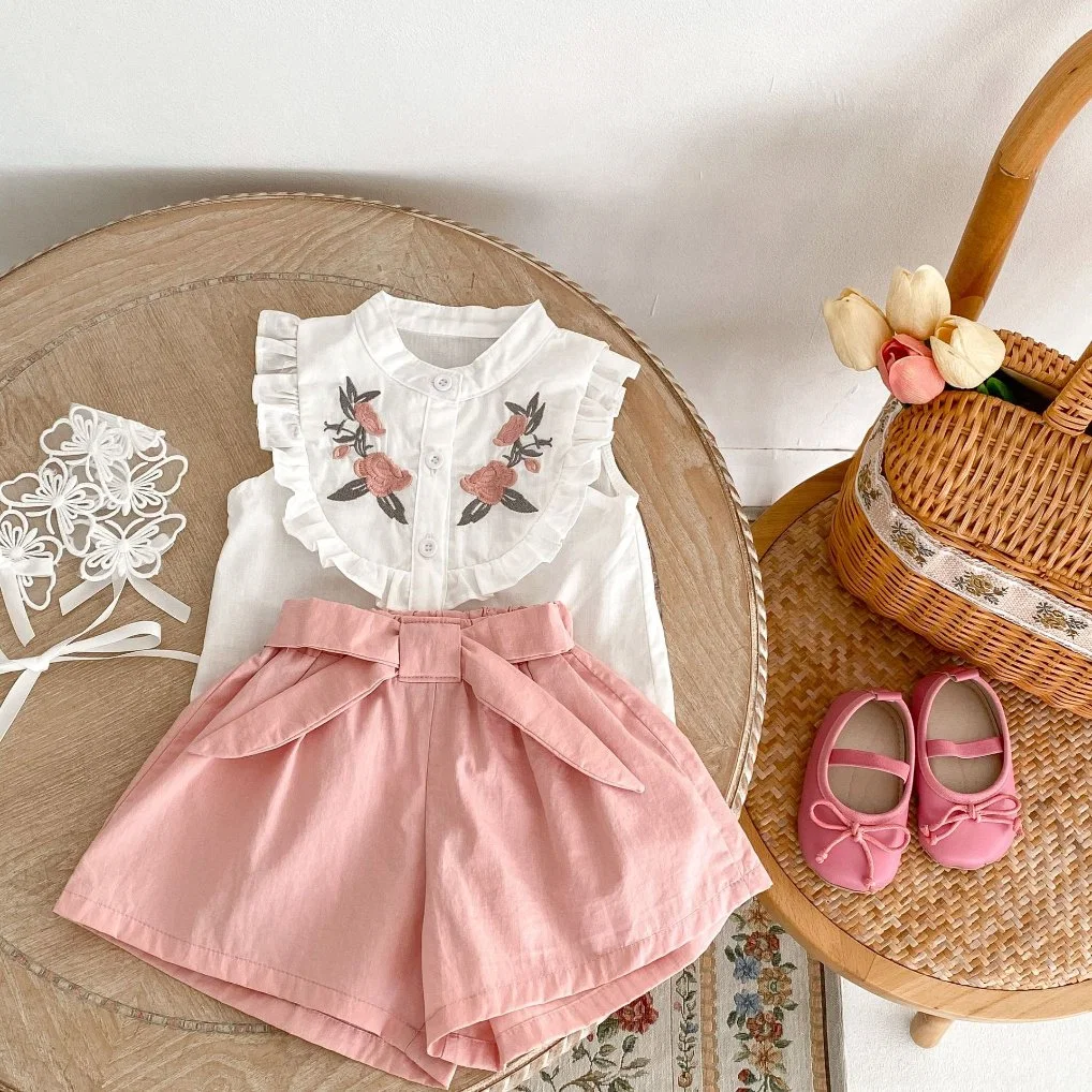 2023 Summer Models Infant Children Baby Girl Suit Embroidered Collar Sleeveless Top + Wide-Legged Short Trousers Two-Piece Set