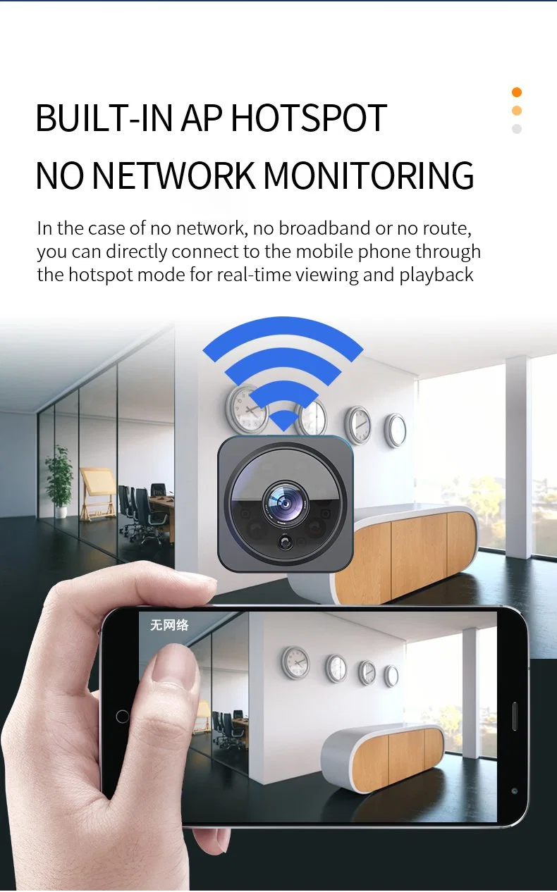 Câmera Mini WiFi pode ser conectada ao telefone para monitoramento em tempo real. Possui microfone embutido e suporta intercomunicação por voz.