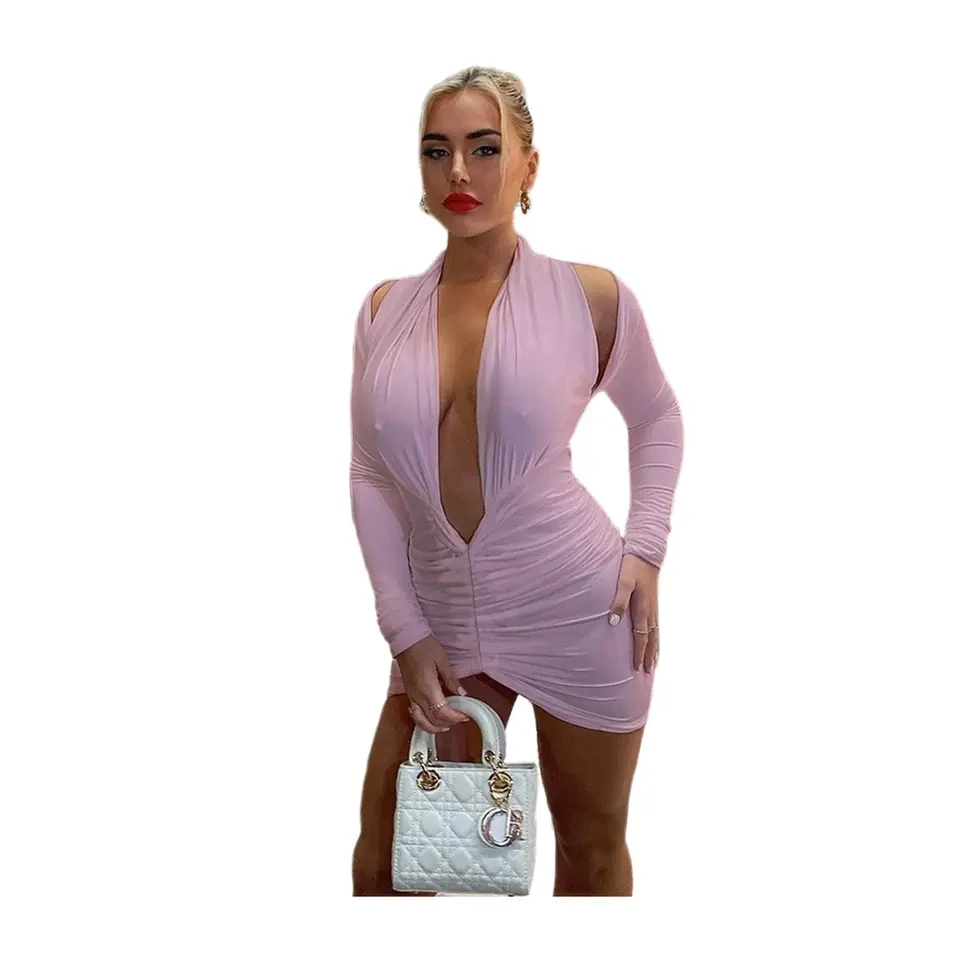 V Neck Full Sleeve Solid Color Halter Pleated Sexy Mini Dress for Women