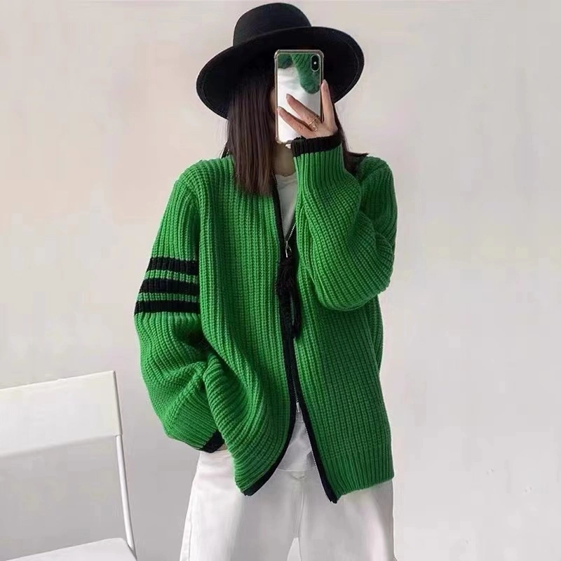 Double Zipper Knitted Coat Female 2023 Contrasting Color Stripe Stitching Loose and Thin Stand-up Collar Knitted Cardigan Outside to Put on Top