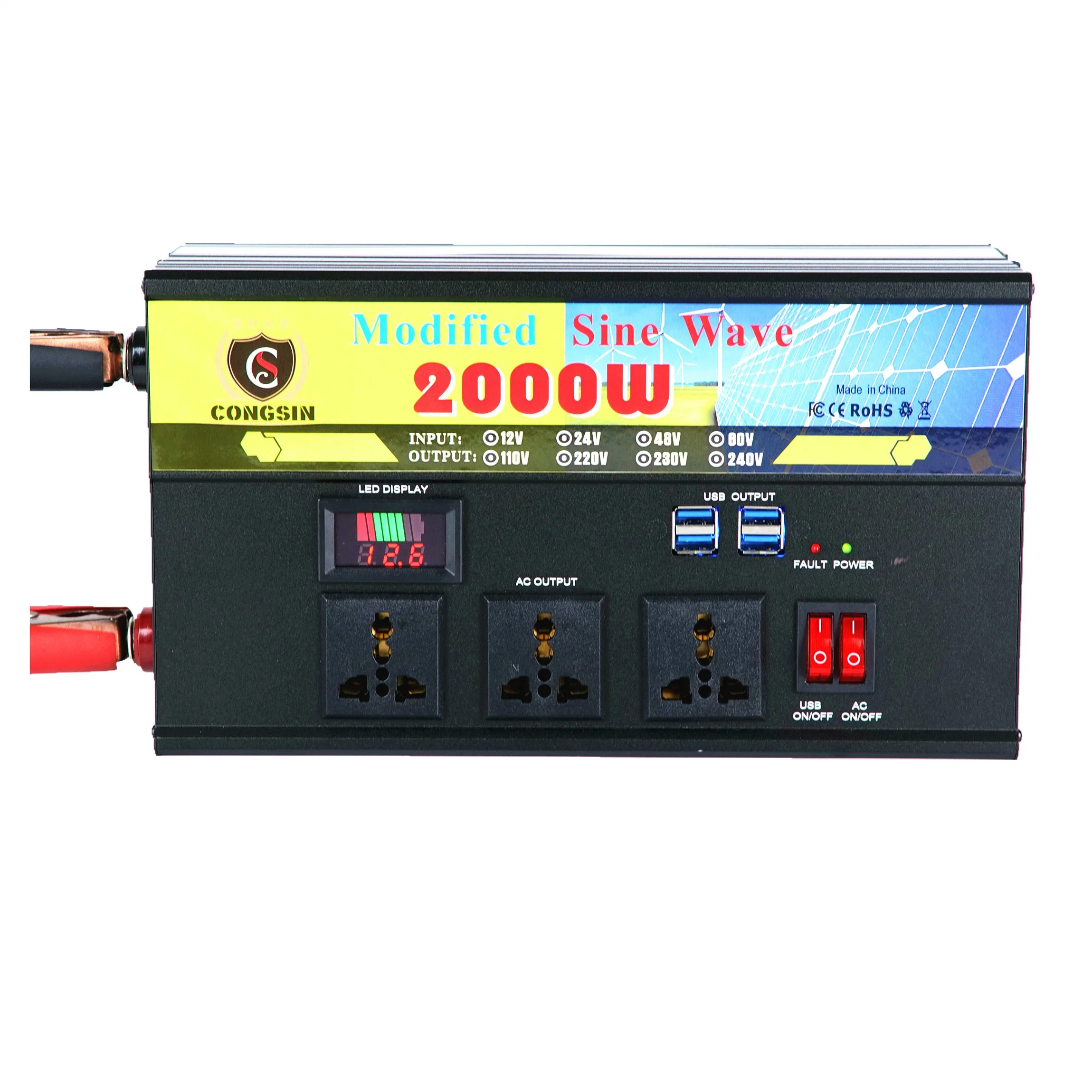 New Arrival 2000W power inverter dc 12v to ac 220v big capability modified sine wave inverter with three AC output sockets