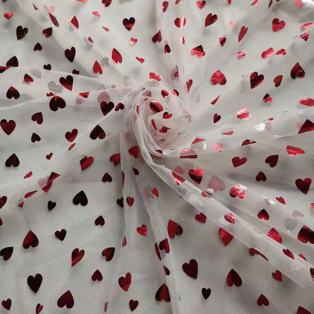 Polyester Digital Fabric Printing Blood Red Heart Color Foil Print Tulle Mesh Fabric