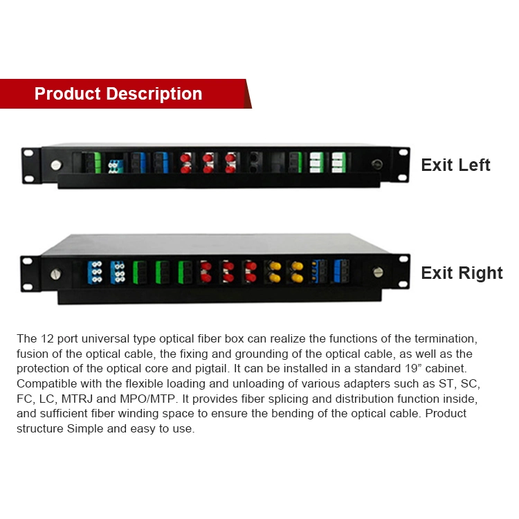 12port Rack Mounted Fiber Optic Patch Panel/ODF/Distribution Box

12 ports Panneau de brassage à fibre optique monté en rack/ODF/Boîtier de distribution