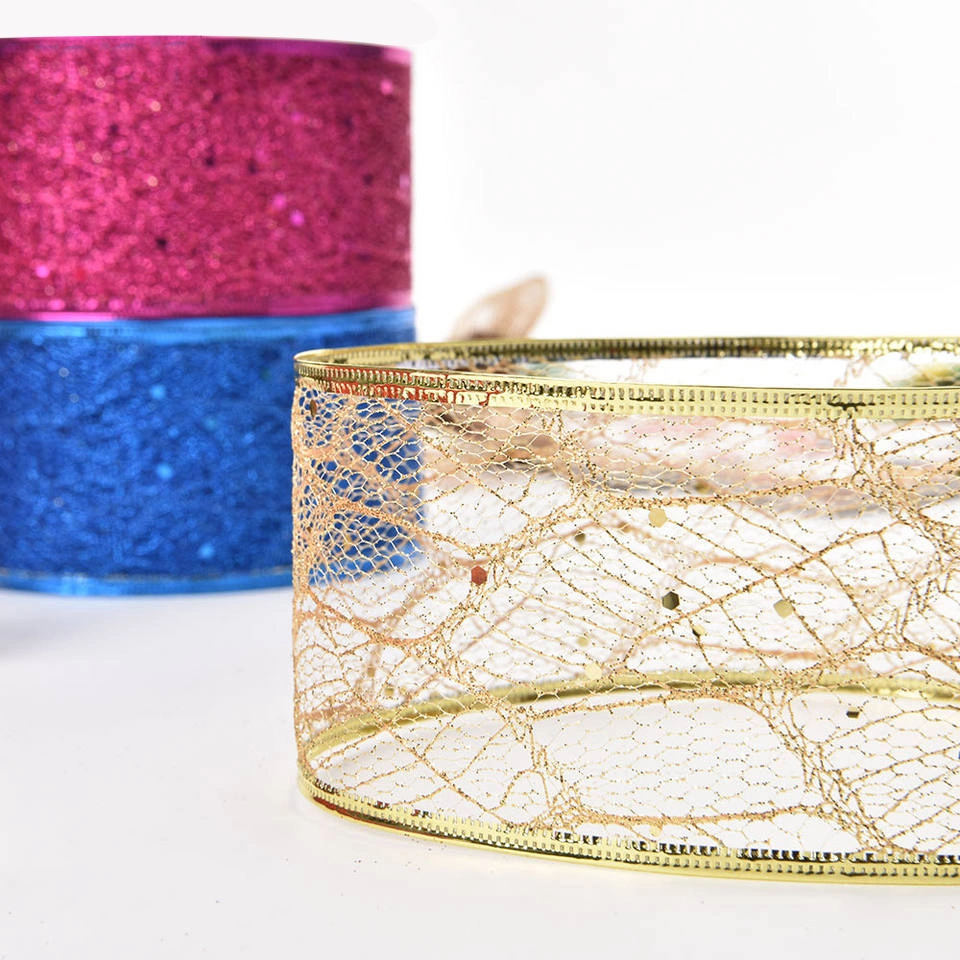 New Style Silver/Gold/Pink/Blue Maple Leaf Glitter Mesh Wired Edge Christmas Ribbon Package Decoration