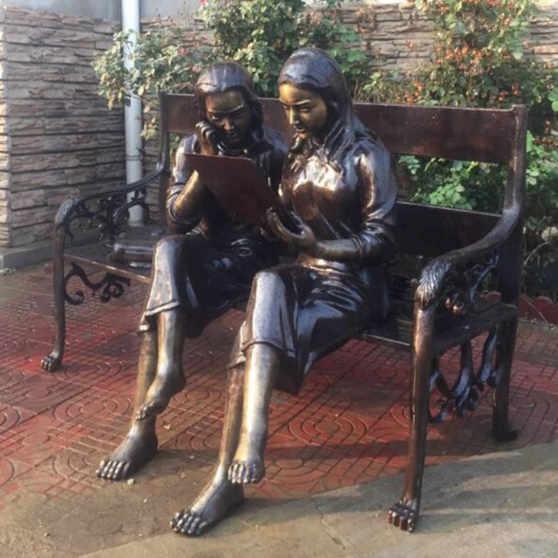 Escultura de bronce de jardín de niños libro de lectura y la señora sentada en la Estatua de la banqueta