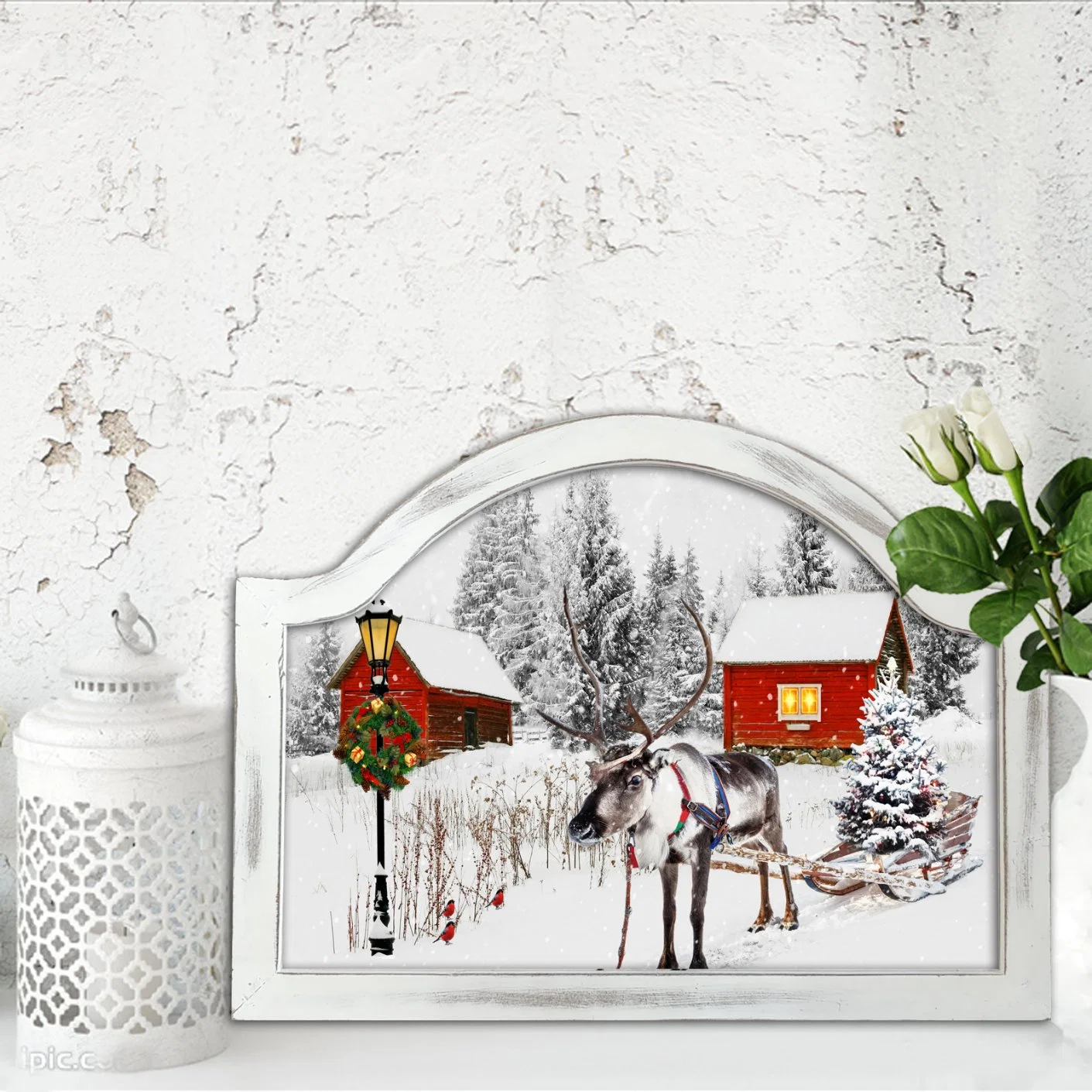 Shaped Painted Wooden Frame with LED Lights Christmas Decoration Wall Painting