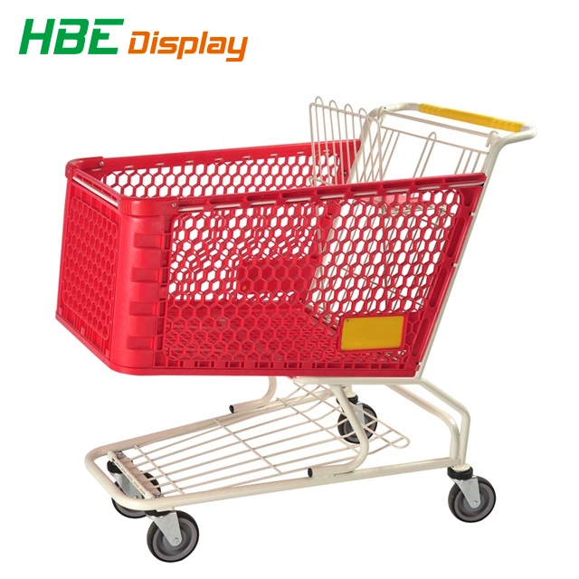 Supermarket Grocery Plastic Hand Push Trolley Shopping Cart with Plastic Basket