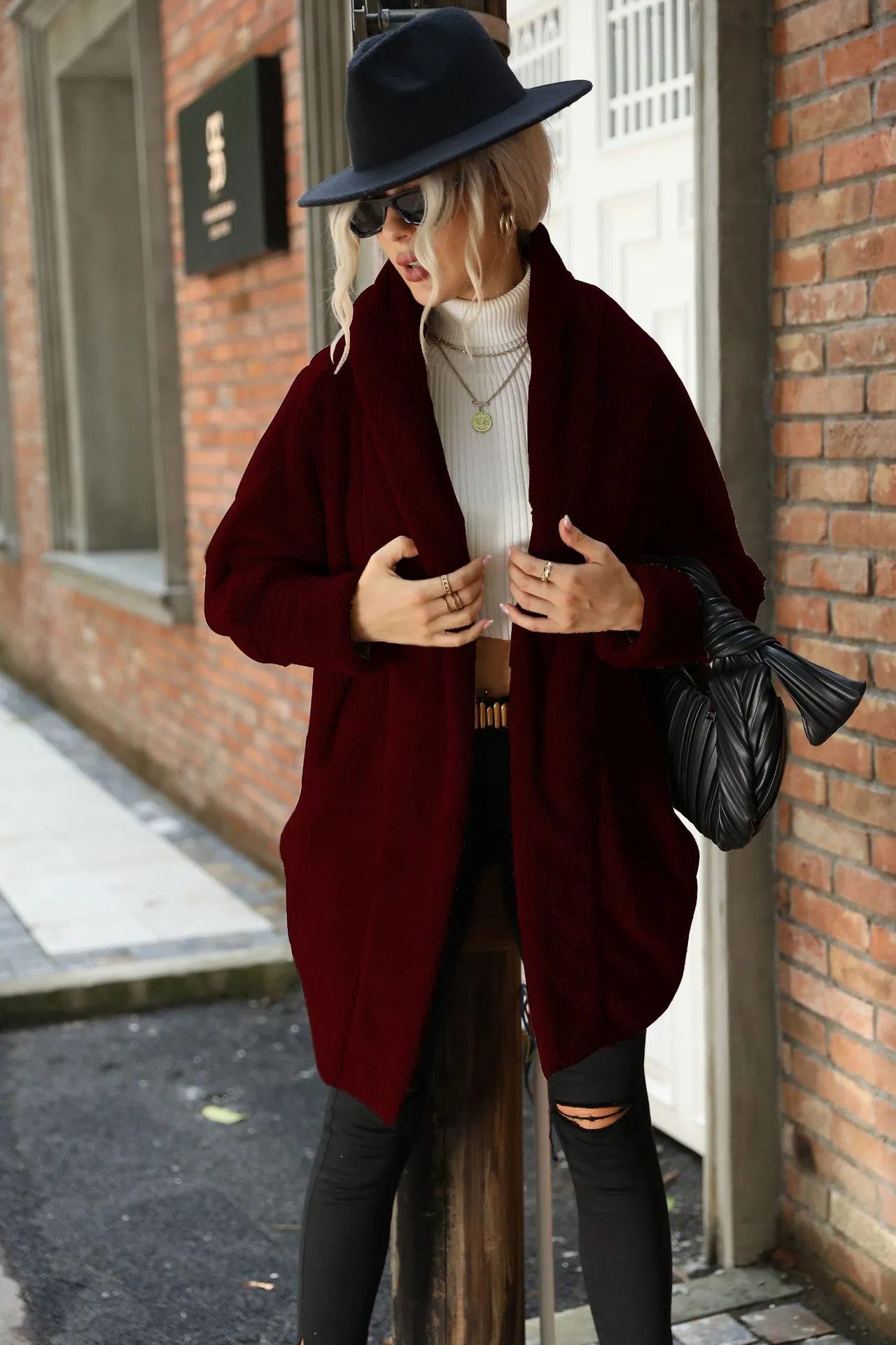 New Ladies' Double-Sided Fleece Overcoat Unbuttoned Solid Color Loose Lapel Flannel Long Sweater