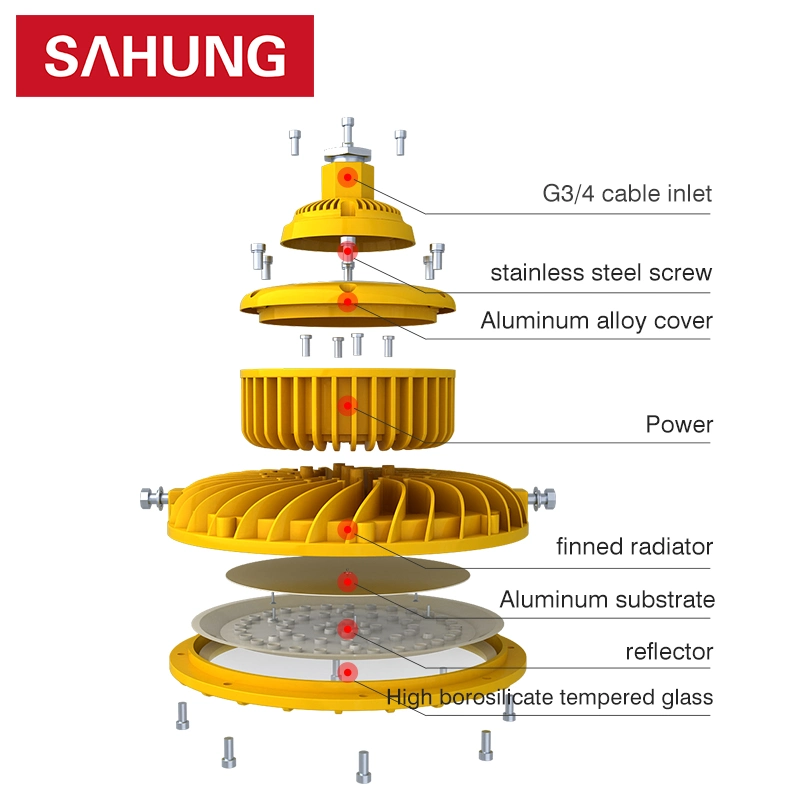 الصين الشركة المصنعة ATEX السقف طاقة عالية 100 واط 200 واط SMD COB انفجار مظلة الخليج العالية المزودة بمصباح LED الصناعي لمنطقة غاز خطرة كيميائيًا ضوء إضاءة مصباح مقاومة الإضاءة