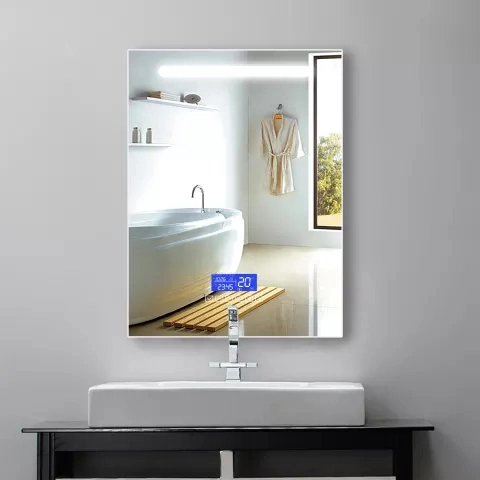 Iluminado LED espejo del baño con toque el botón/desempañar el reloj de tiempo/temperatura/pantalla/función Bluetooth opcional