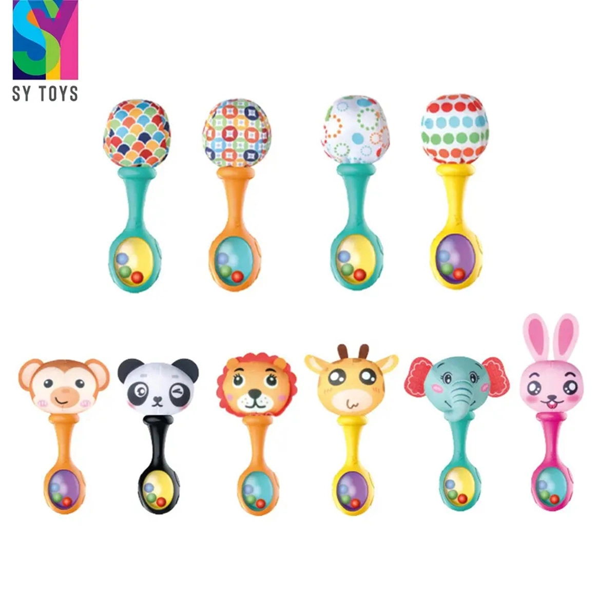 SY Rattle Ball moldeados Teething Toy suave Grado alimenticio sin BPA Juguete de silicona para dentición bebé relleno Cute Animal Sand Hammer de juguete