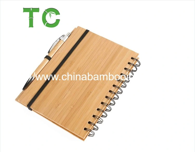 Ecoy Hot Sale Eco-Friendy Custom Logo Wooden Bamboo Cover Spiral Notebook with Ball Pen for Gift