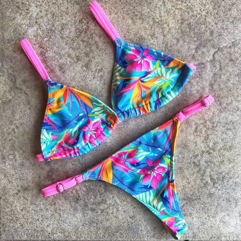 2023 Mature Women Open Sexy Multi Color Printed Push up Triangle Bikini Set Jungle Style