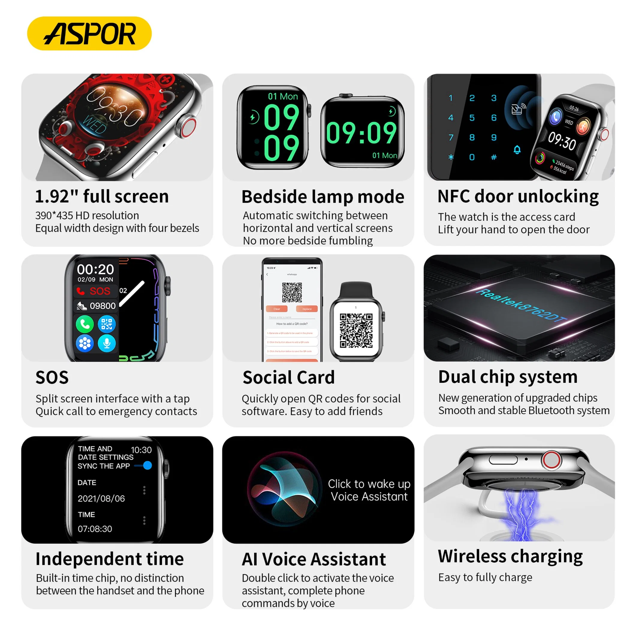 Aspor Sport Smart Watch 8PRO 1.92" TFT Full Screen Colorful Silicone Watchband with NFC Function&Sos Emergency Contact