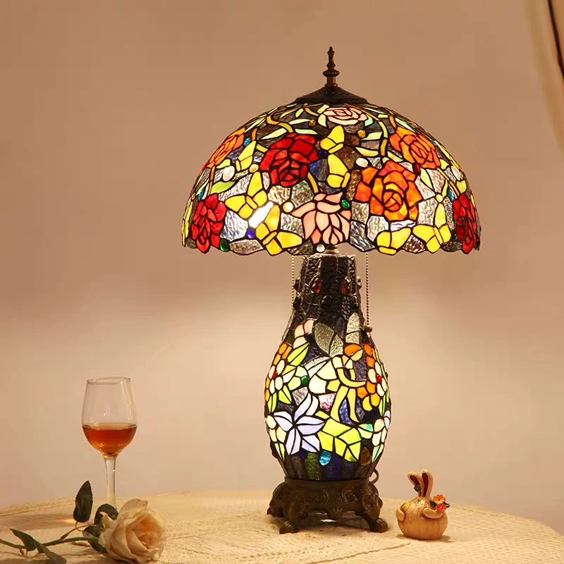 TFT-6077 Tiffany Style Table Lamp Glass Stained Shade Glass Base Light Handcrafted Lamps