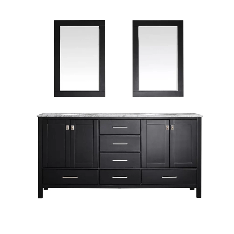 Deluxe Black Double Basin Marble Countertop Solid Wood Bathroom Dresser Vanity Cabinet