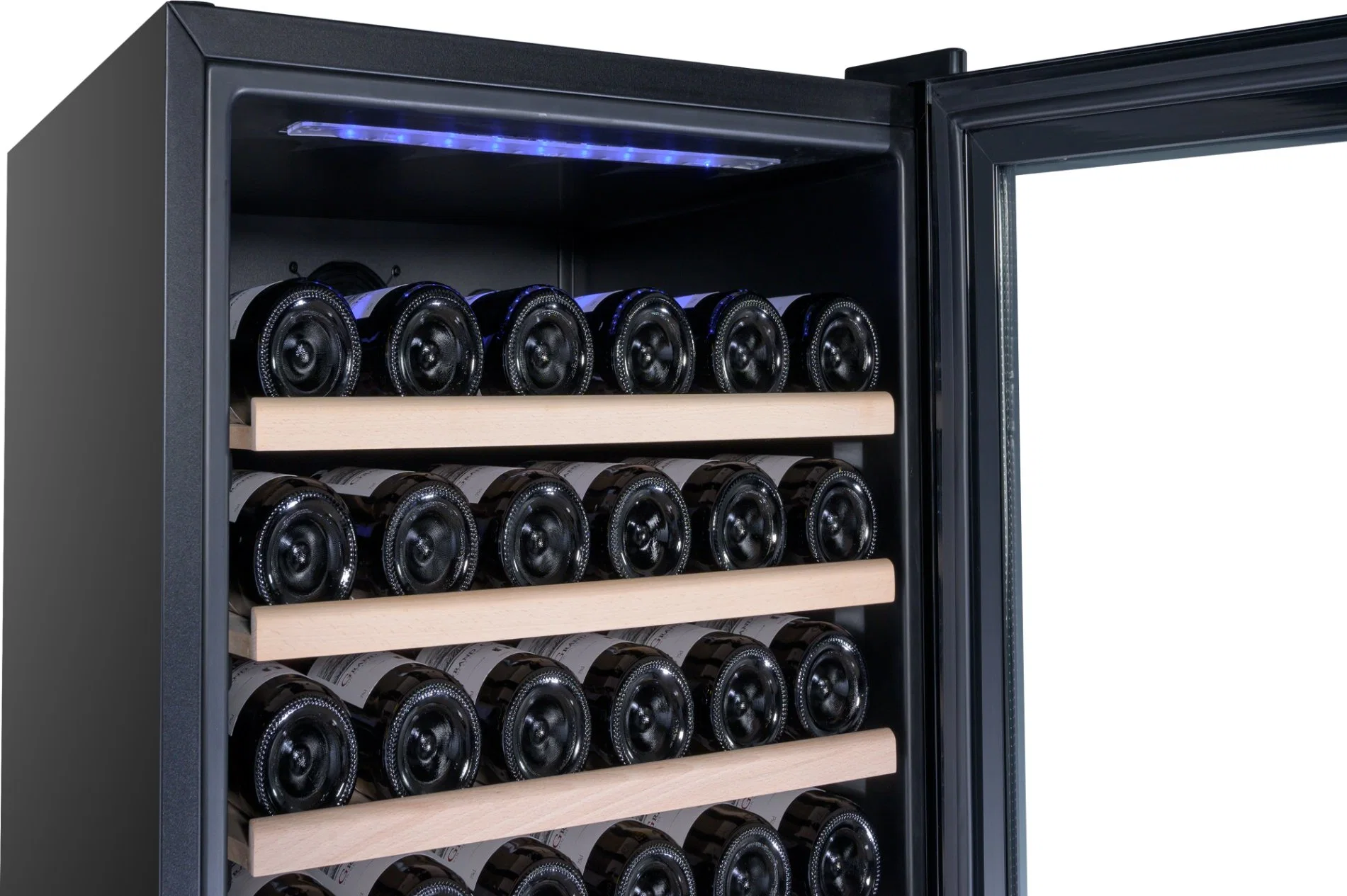 Novo compressor de 155 garrafas Desig de fábrica, prateleiras de madeira Premium Armário de refrigeração de vinhos adega vertical 2 zona