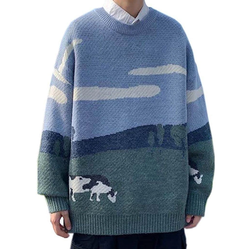 Men Cows Vintage Winter Warm Daily Knitwear Pullover O-Neck Sweater