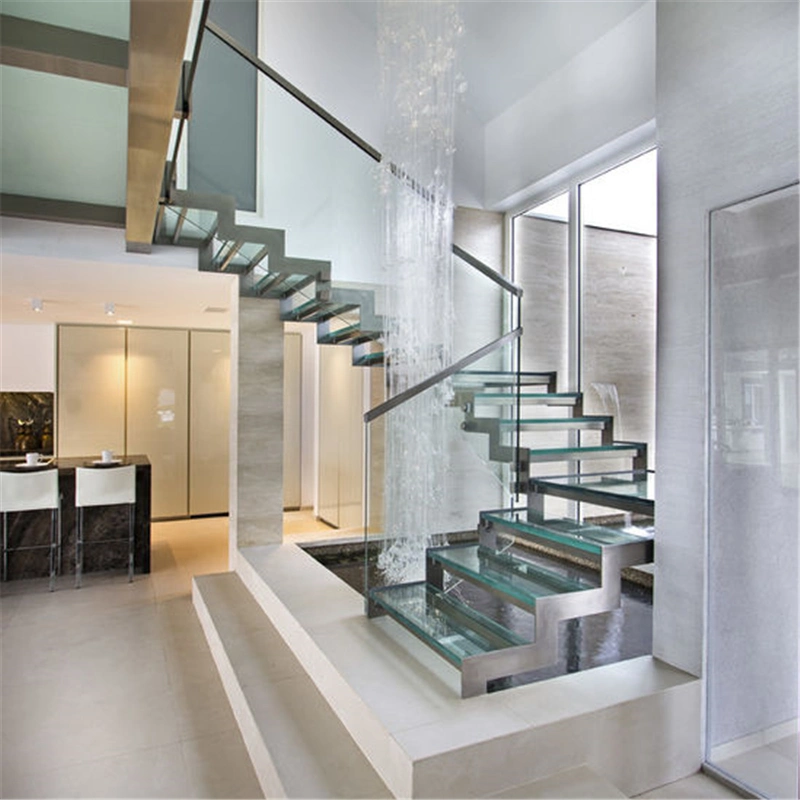 Modern Glass Step Staircase with Glass Raling Steel Wood Staircase Design Straight Stairs