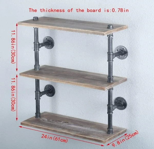 Real Wood Floating Industrial Pipe Shelf Rustic 3 Tier Wall Pipe Shelving, Steampunk Pipe Shelves Wall Mounted Used for Bar