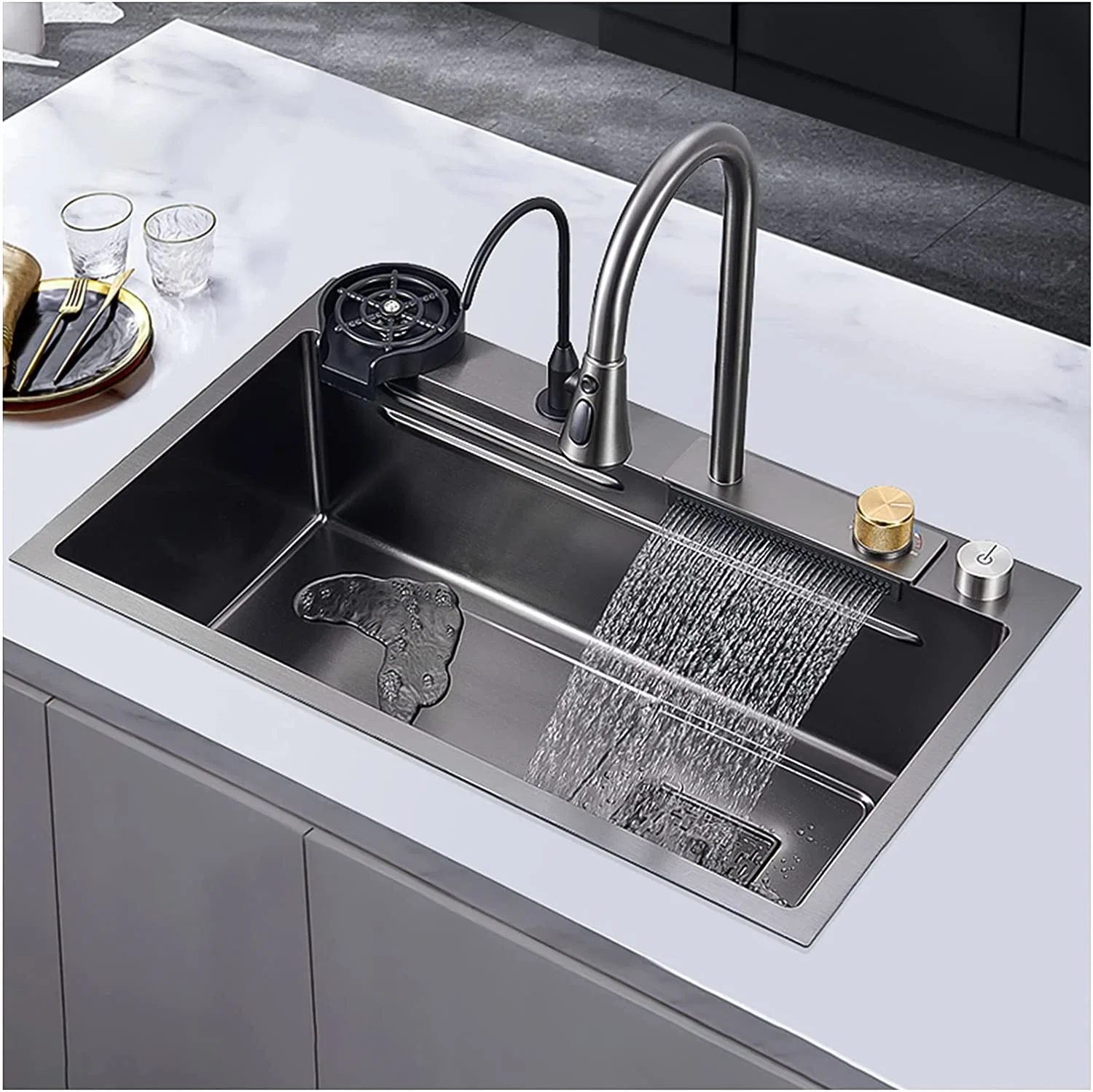 China Luxury 304 Stainless Steel Farmhouse Modern Waterfall Flying Rainfall Single Bowl Kitchen Sink