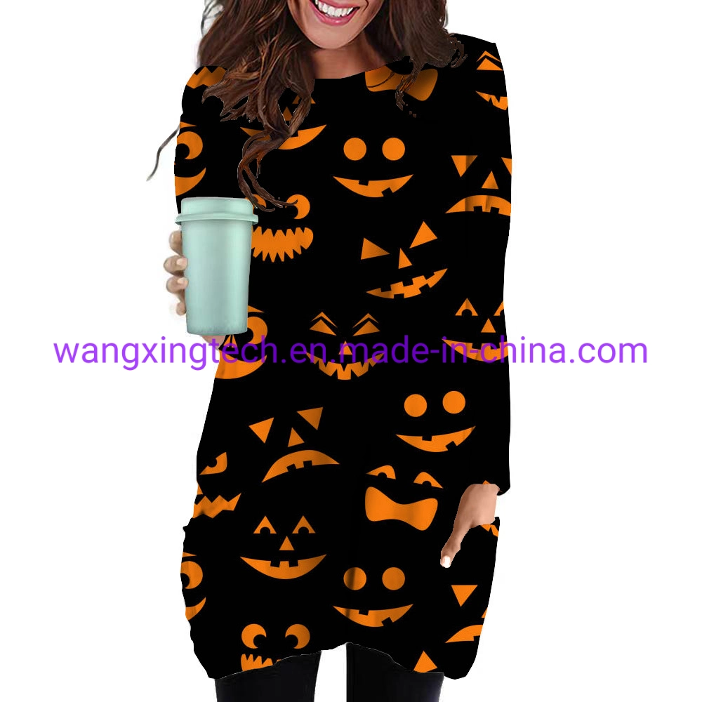 Wholesale 2022 Halloween 3D Printing Autumn Loose Fashion Sweater Dress Ladies Plus Size Casual Pocket Skirt