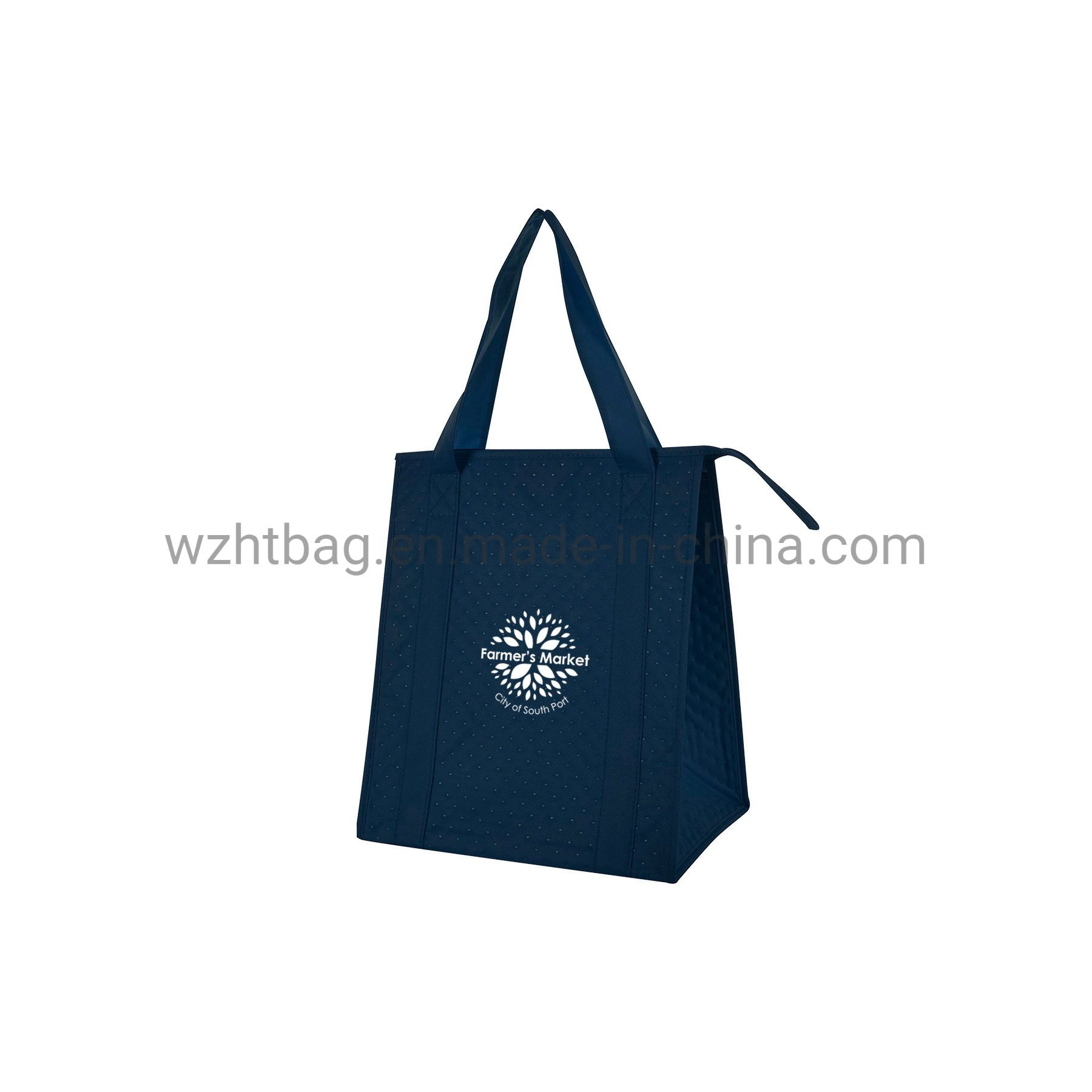 Non-Woven Foil Laminated PE Foam Insulation Inside Carrying Handles Large Gusset with Bottom Insert Zippered Dimples Cooler Tote Bag