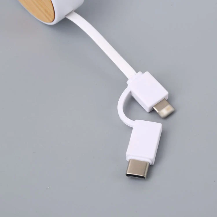 Cable USB portátil con panel de madera circular de bambú de doble tracción Línea retráctil 3 en 1 carga rápida retráctil tipo C Cable