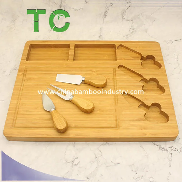 Wholesale/Supplier Large Organic Bamboo Cutting Board with 2 Built-in Compartments and 3 Stainless Steel Tools