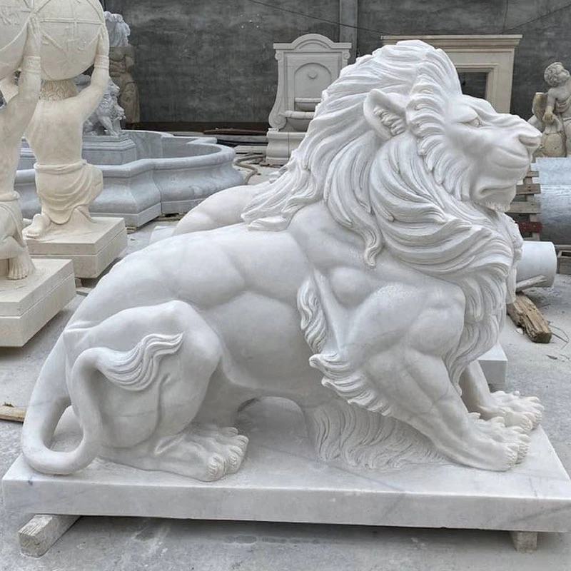 Decoration Hand Carved Stone Lions Statues Life Size White Granite Large Outdoor Marble Lion Sculpture