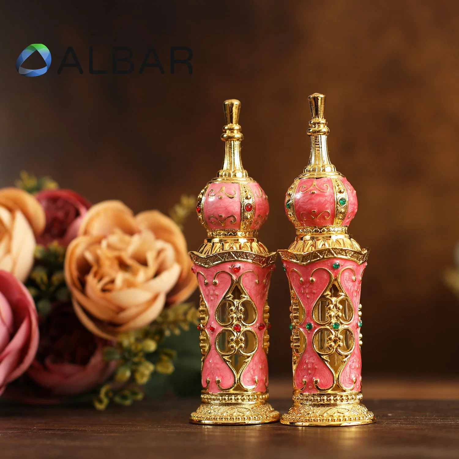 Round Caps Attar Oud Zamac Perfume Bottles with Glass Sticks Green Pink Gold