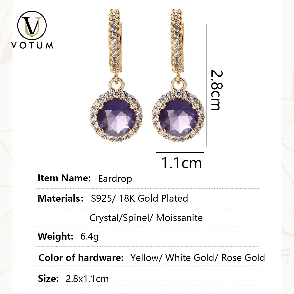 Usine de Votum OEM en gros 18K plaqué or S925 argent naturel Bijoux Moissanite Diamond Dangle boucles d'oreilles en cristal