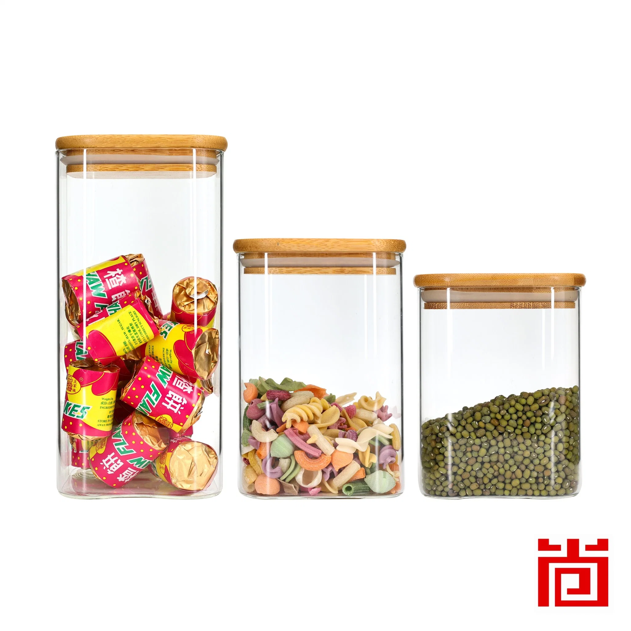 Square High Borosilicate Glass Storage Jar with Bamboo Lid of Three Size