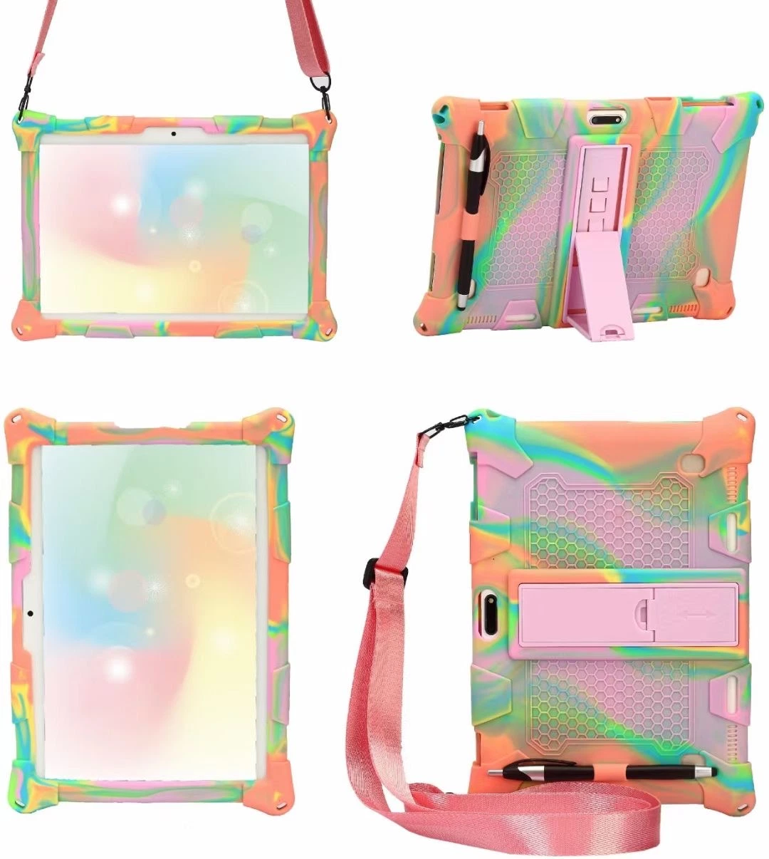 2023 New Arrivals Colorful Universal 10inch Shockproof Soft Silicone Tablet Case Cover with Neck Strap 8 Inch Kickstand Tablet Case