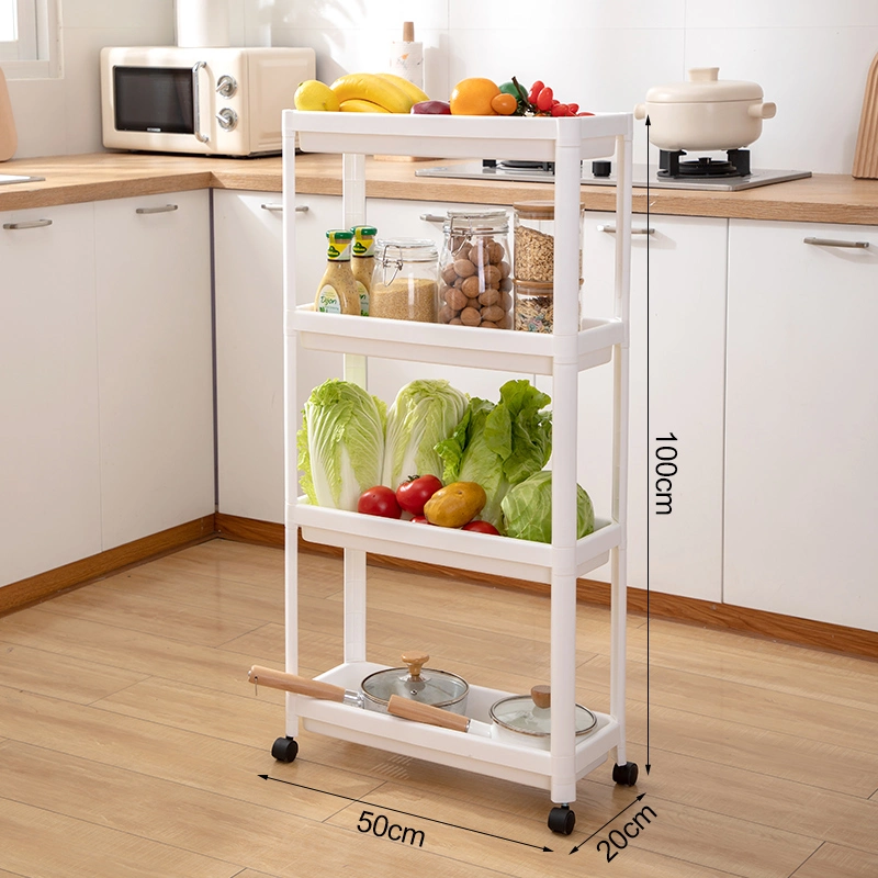 4 Layers Hot Selling Multi-Function Movable Plastic Slim Toys Fruit Vegetable Kitchen Bathroom Storage Rack with Wheels and Basket