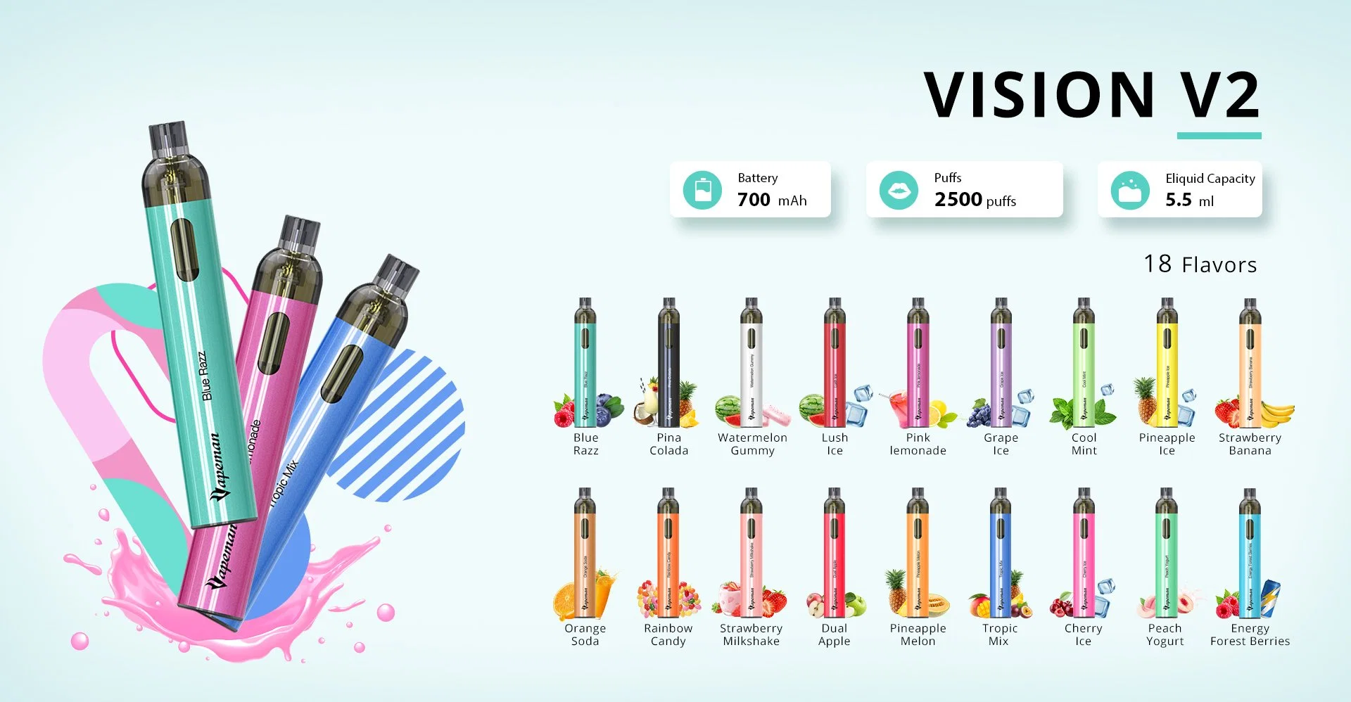 OEM Vapeman Vision V2 2500 Puffs Rechargeable Disposable/Chargeable Vape Vertical Mesh Coil Ensures Best Flavor