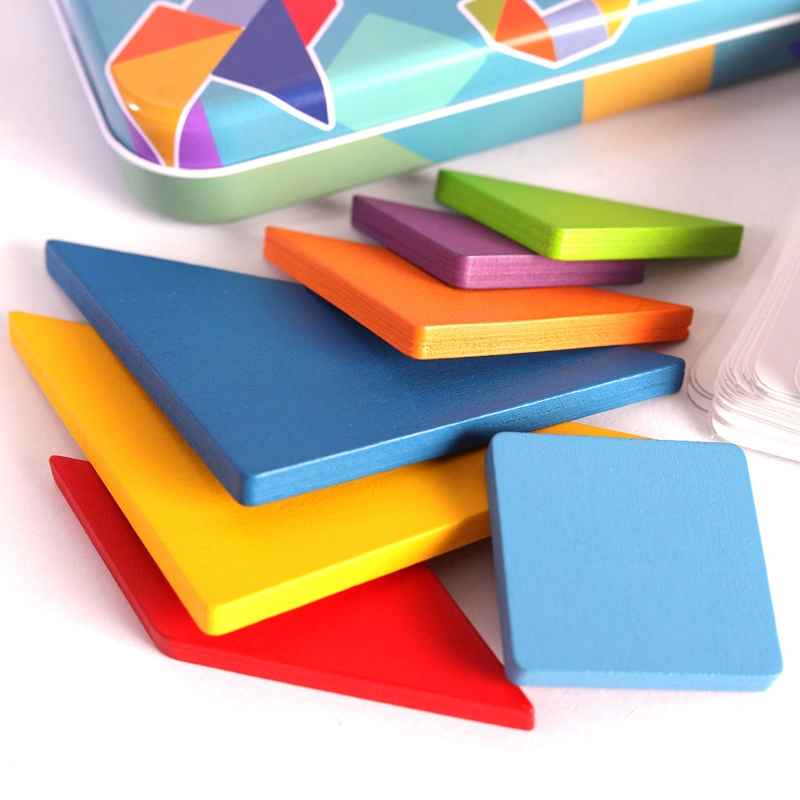 School Students Hand Finger Anti Stress Educational Seven Piece Shapes Puzzle Toys Kids Tangram Set Toys with Metal Box