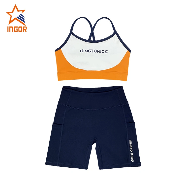 Ingorsports Kinderbekleidung 3cm Silikon Washing Label BH &amp; Shorts &amp; Leggings Sets Kinder Sportbekleidung