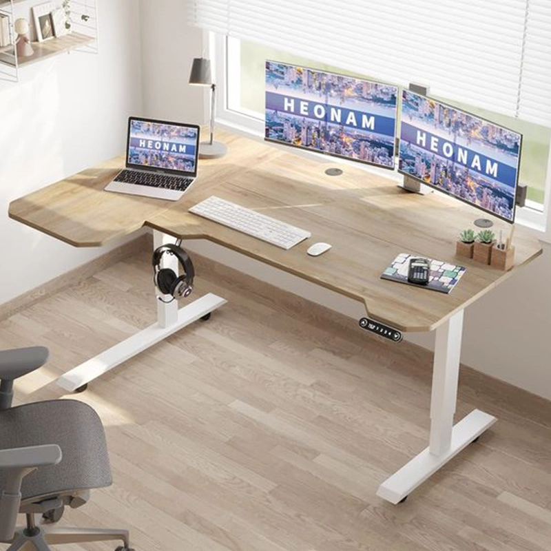 Electric Sit Stand up Desk Modern Desk White Frame Bamboo Desktop