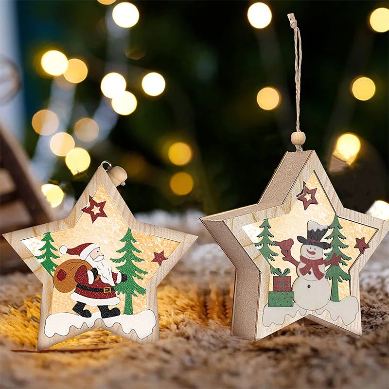 Wooden/Wood Christmas Tree Ornaments Set of 2 Stars Snowman and Santa Claus Hanging Decorations